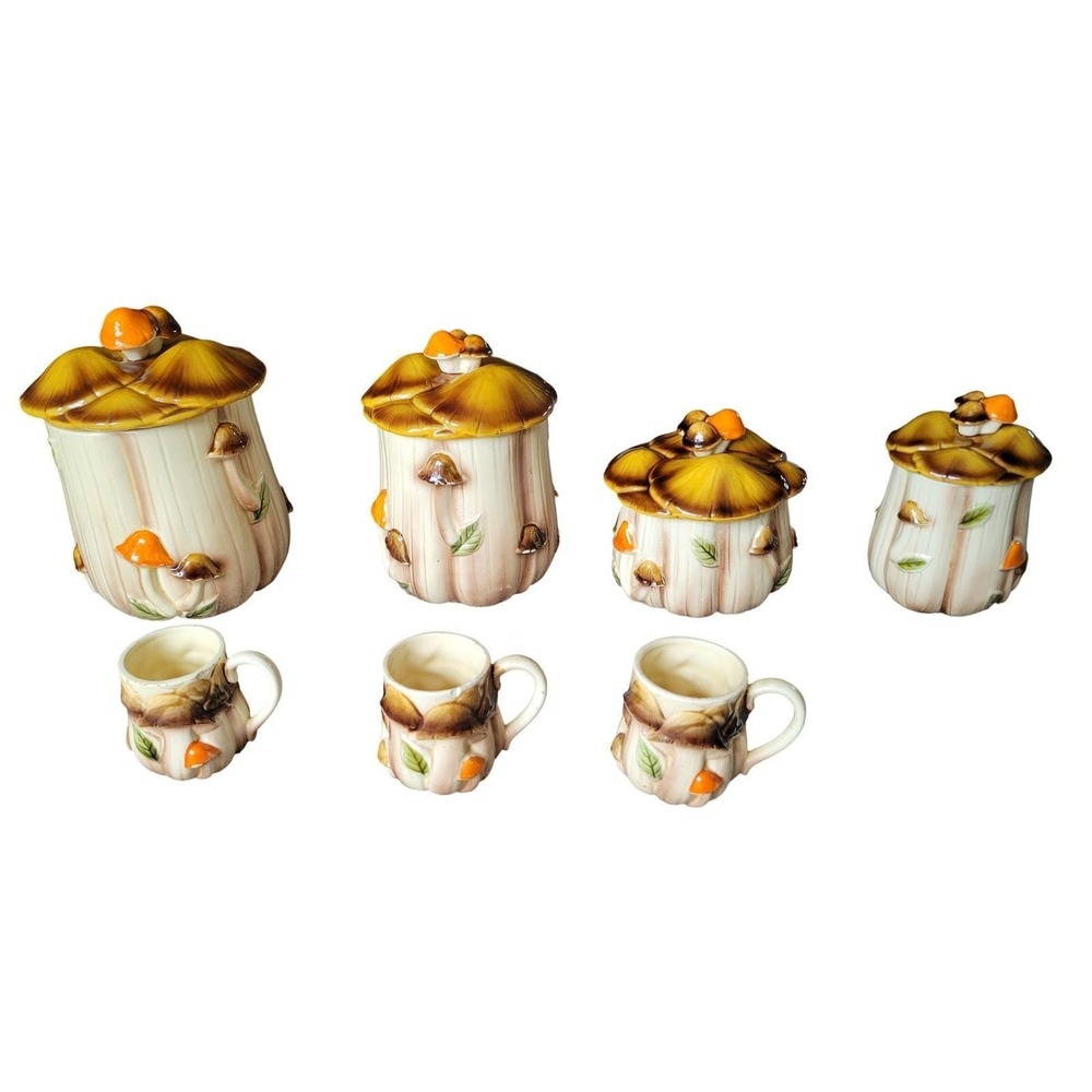 Vintage 70s Homco Mushroom Canister Set with Mugs 7 Piece Ceramic Kitchen Japan